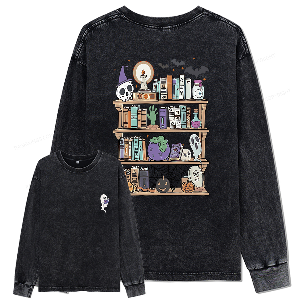 Pagewings Ghost Book Reader Halloween Unisex Washed Long Sleeve T-shirt