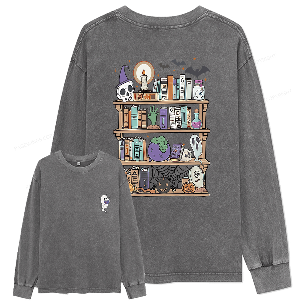 Pagewings Ghost Book Reader Halloween Unisex Washed Long Sleeve T-shirt