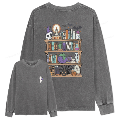 Pagewings Ghost Book Reader Halloween Unisex Washed Long Sleeve T-shirt