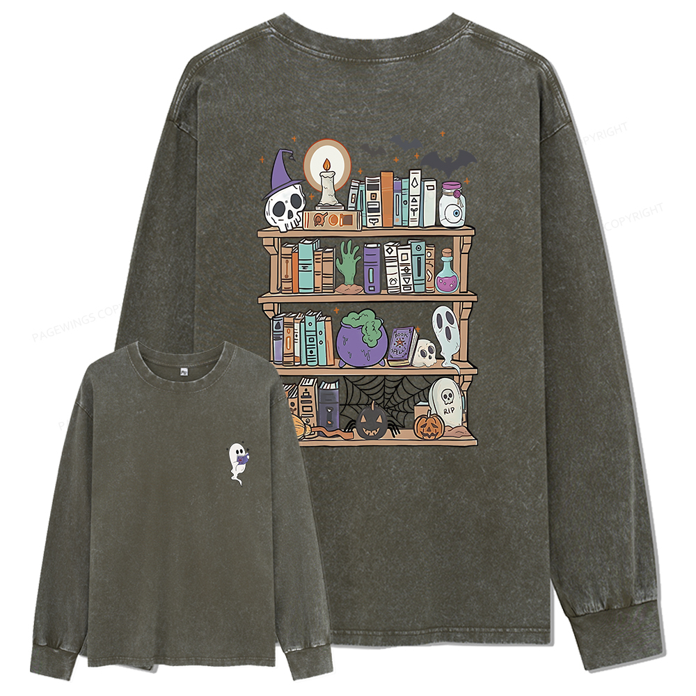 Pagewings Ghost Book Reader Halloween Unisex Washed Long Sleeve T-shirt
