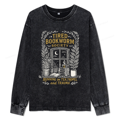 Pagewings Tired Bookworm Society Unisex Washed Long Sleeve T-shirt