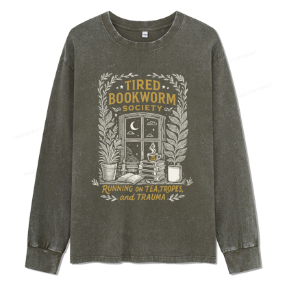 Pagewings Tired Bookworm Society Unisex Washed Long Sleeve T-shirt