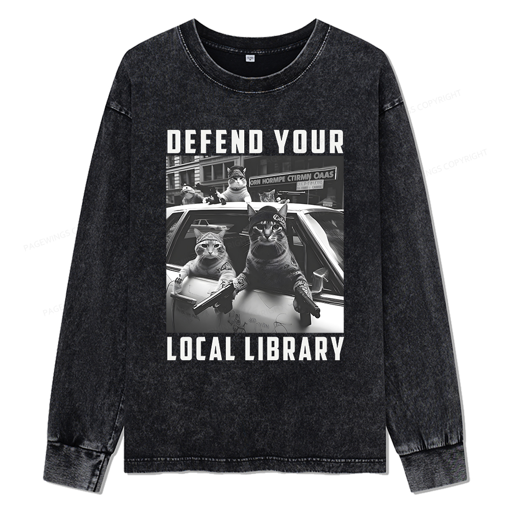 Pagewings Defend Your Local Library Unisex Washed Long Sleeve T-shirt