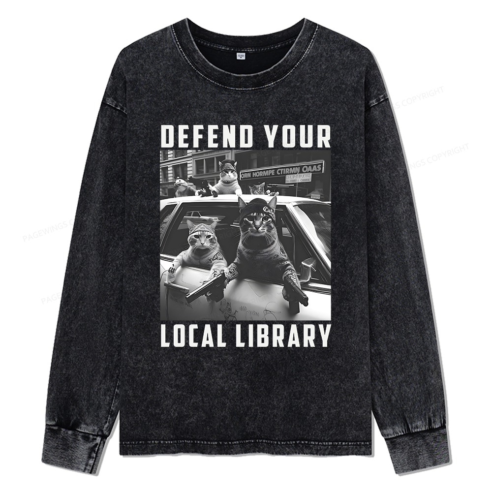 Pagewings Defend Your Local Library Unisex Washed Long Sleeve T-shirt