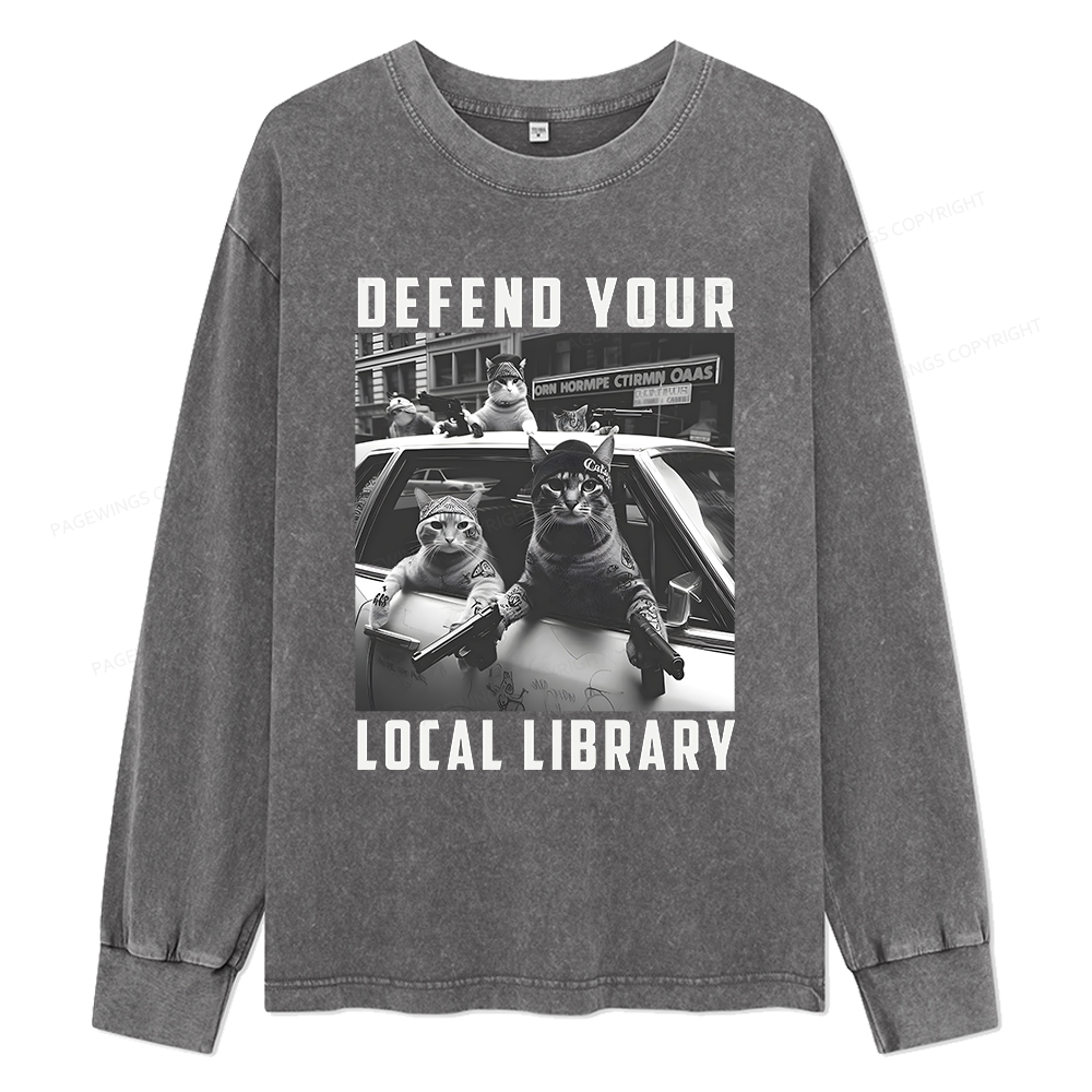 Pagewings Defend Your Local Library Unisex Washed Long Sleeve T-shirt