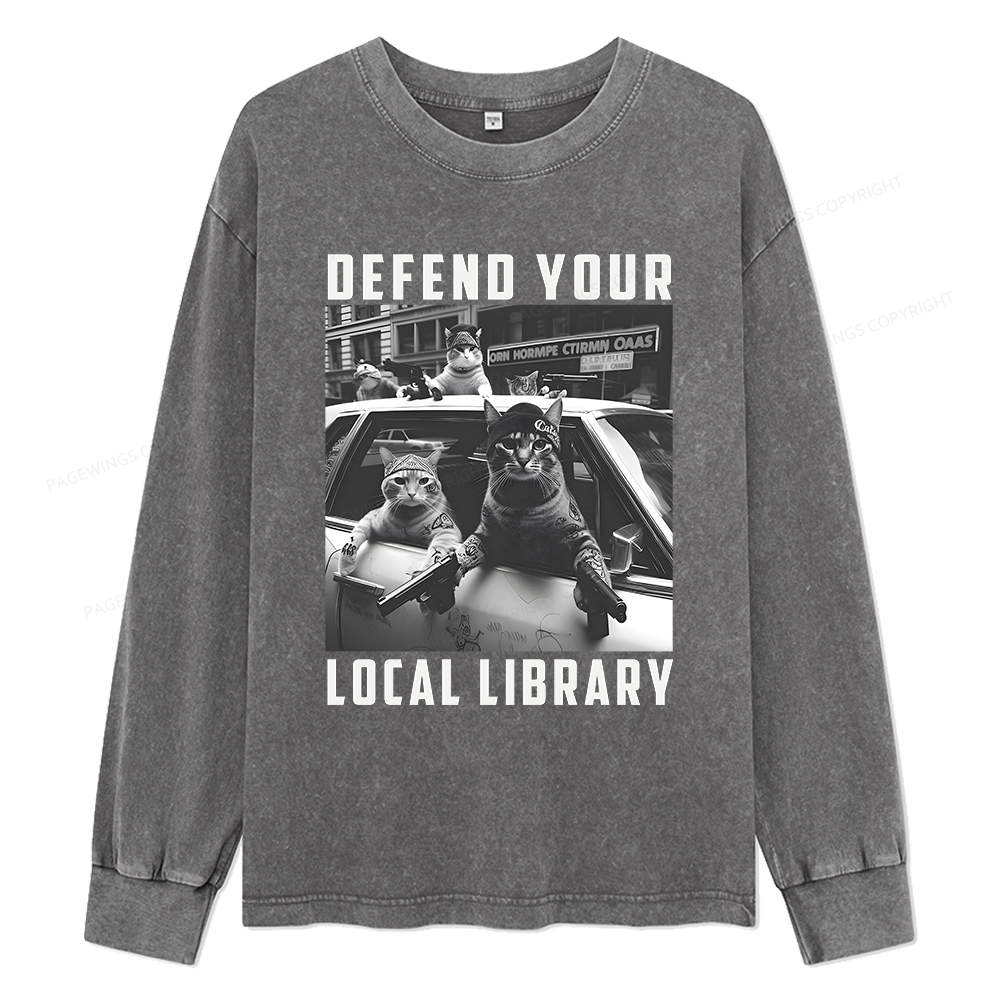 Pagewings Defend Your Local Library Unisex Washed Long Sleeve T-shirt