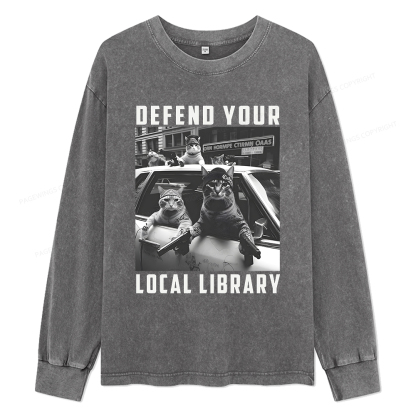 Pagewings Defend Your Local Library Unisex Washed Long Sleeve T-shirt
