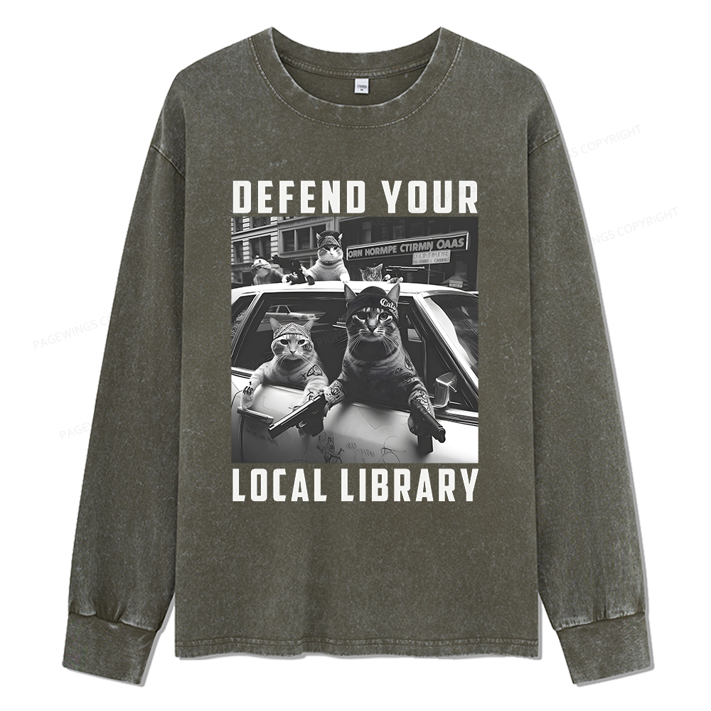 Pagewings Defend Your Local Library Unisex Washed Long Sleeve T-shirt
