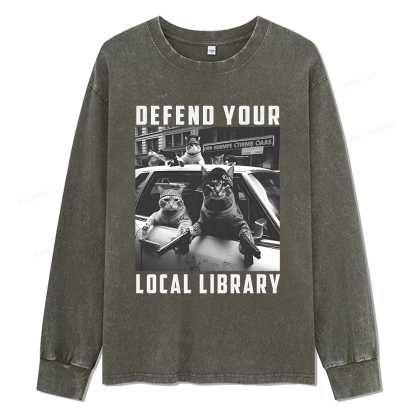 Pagewings Defend Your Local Library Unisex Washed Long Sleeve T-shirt
