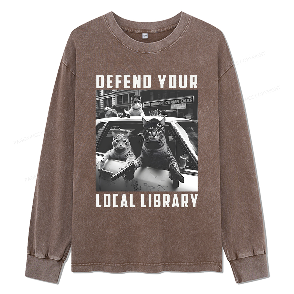 Pagewings Defend Your Local Library Unisex Washed Long Sleeve T-shirt