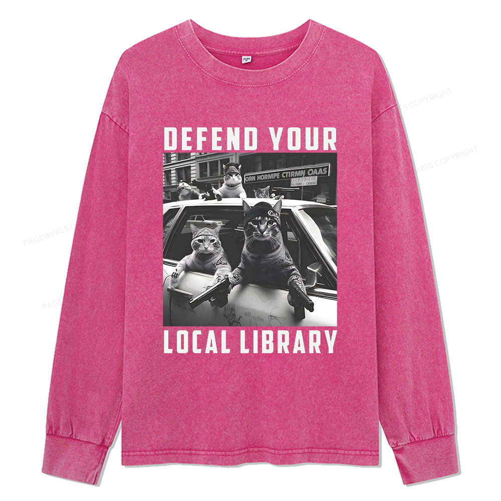 Pagewings Defend Your Local Library Unisex Washed Long Sleeve T-shirt