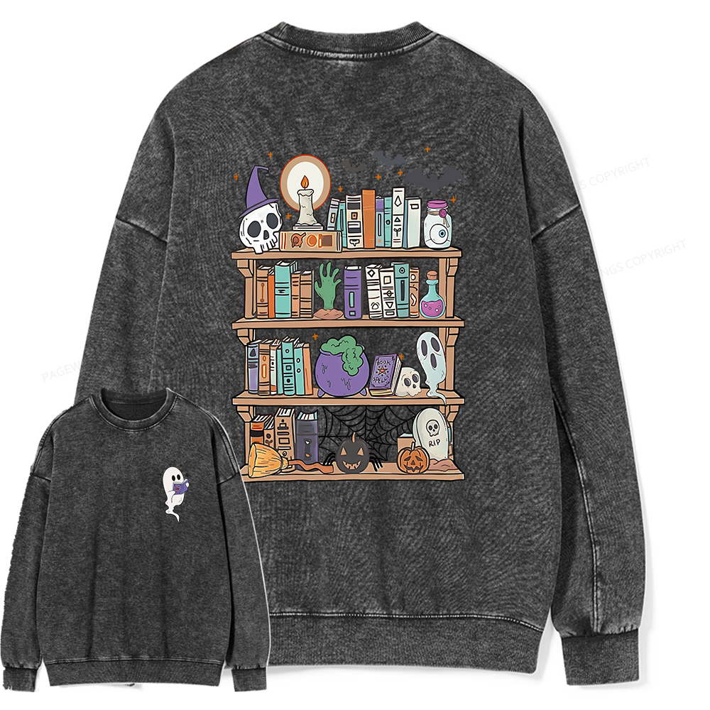 Pagewings Ghost Book Reader Halloween Unisex Washed Sweatshirt