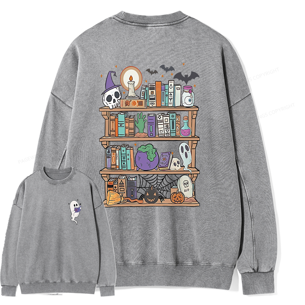 Pagewings Ghost Book Reader Halloween Unisex Washed Sweatshirt