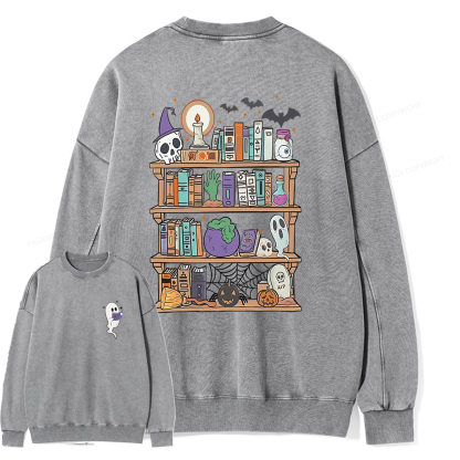 Pagewings Ghost Book Reader Halloween Unisex Washed Sweatshirt