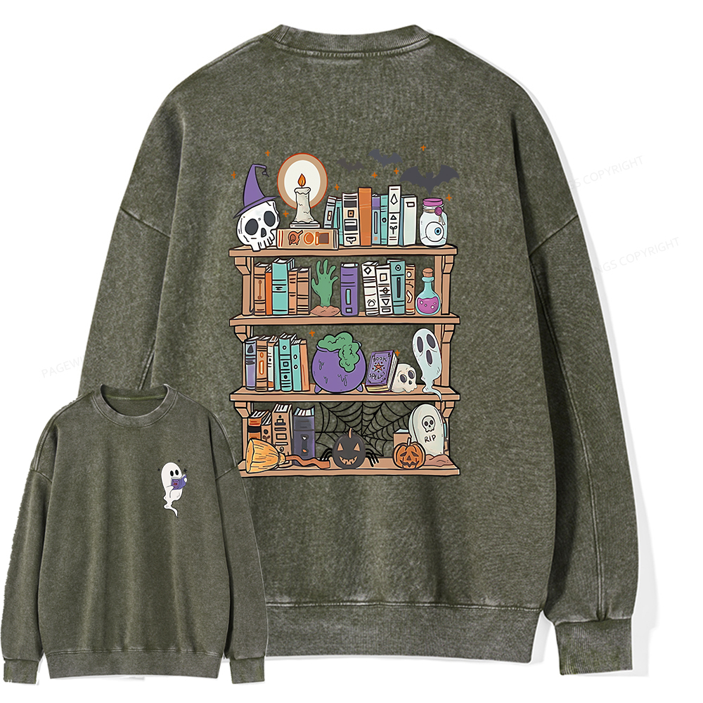 Pagewings Ghost Book Reader Halloween Unisex Washed Sweatshirt