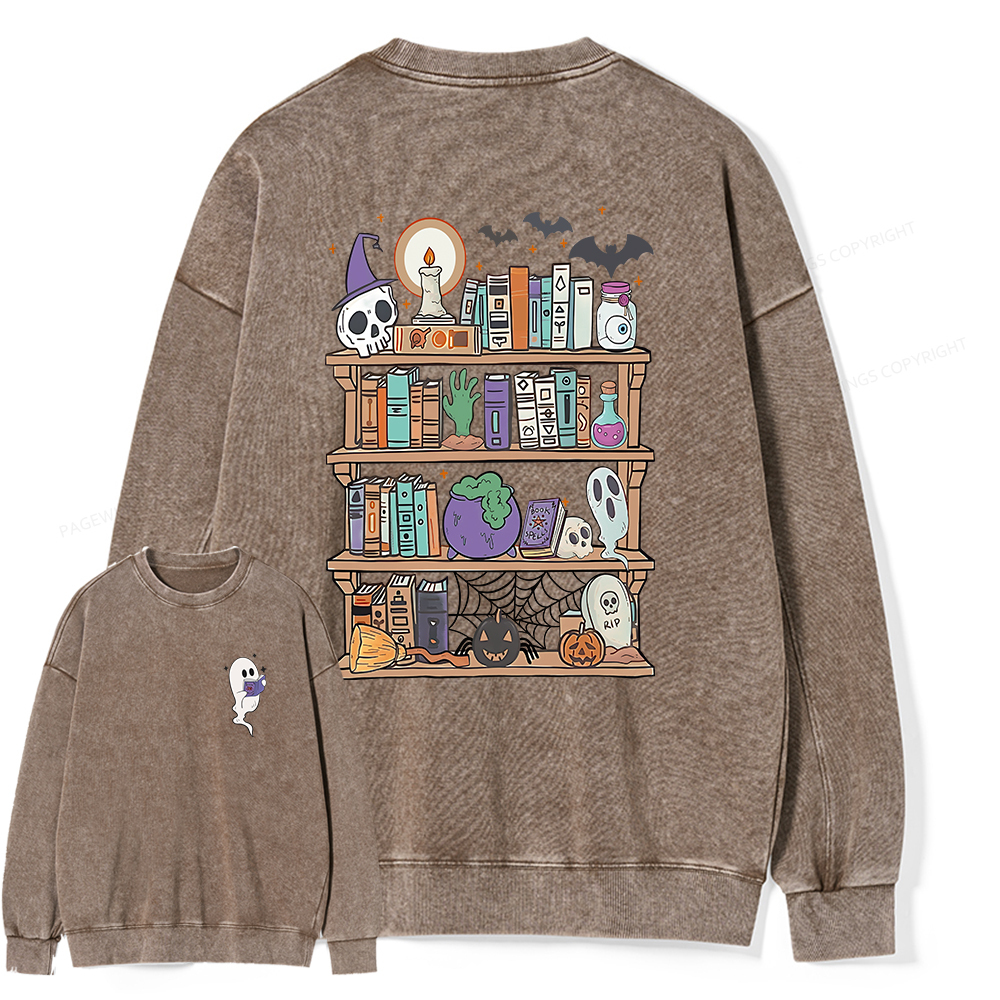 Pagewings Ghost Book Reader Halloween Unisex Washed Sweatshirt