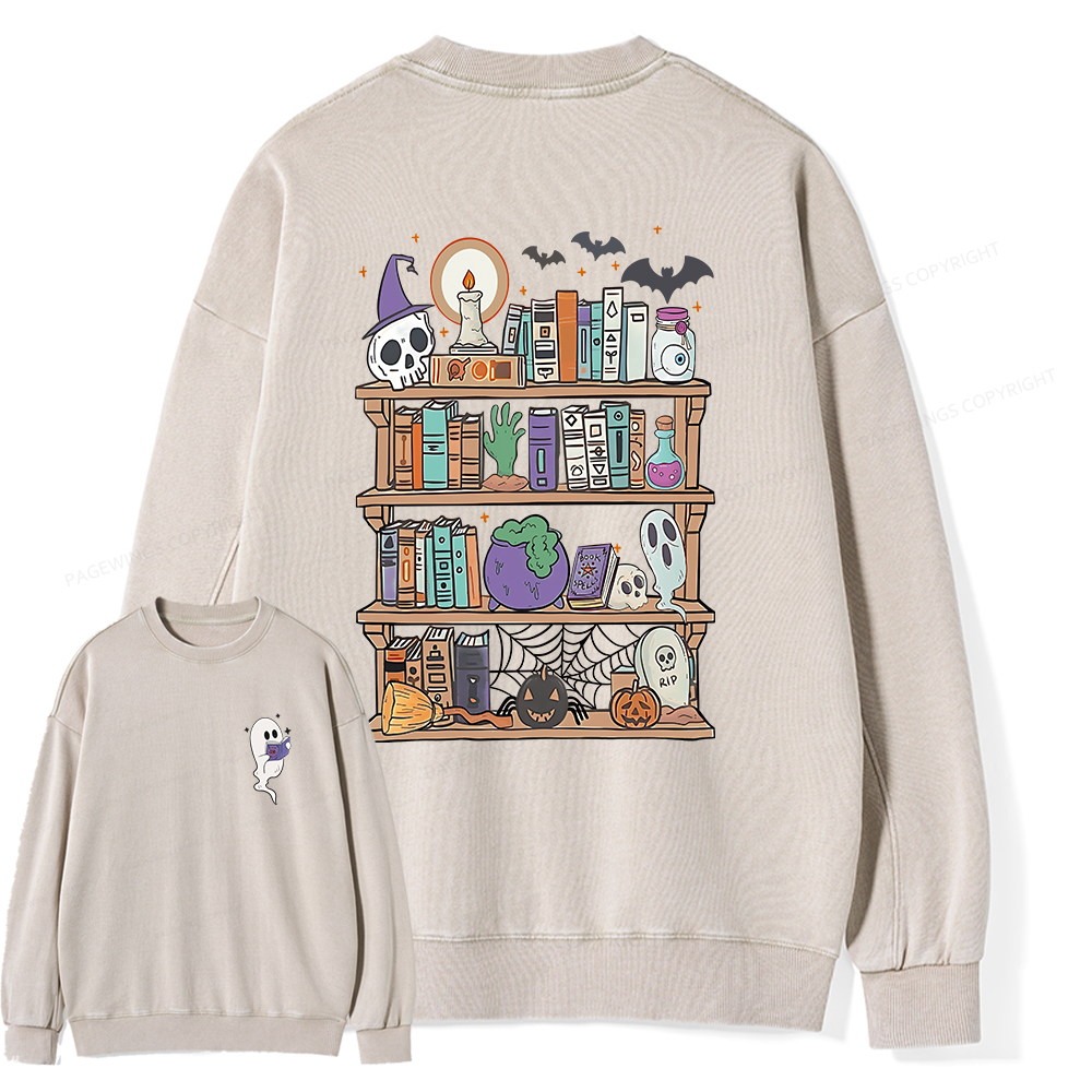 Pagewings Ghost Book Reader Halloween Unisex Washed Sweatshirt