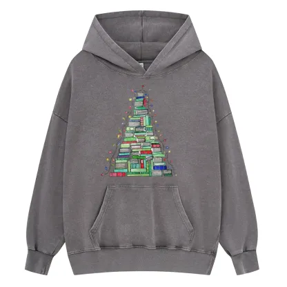 Pagewings Christmas Book Tree Unisex Washed Hoodie