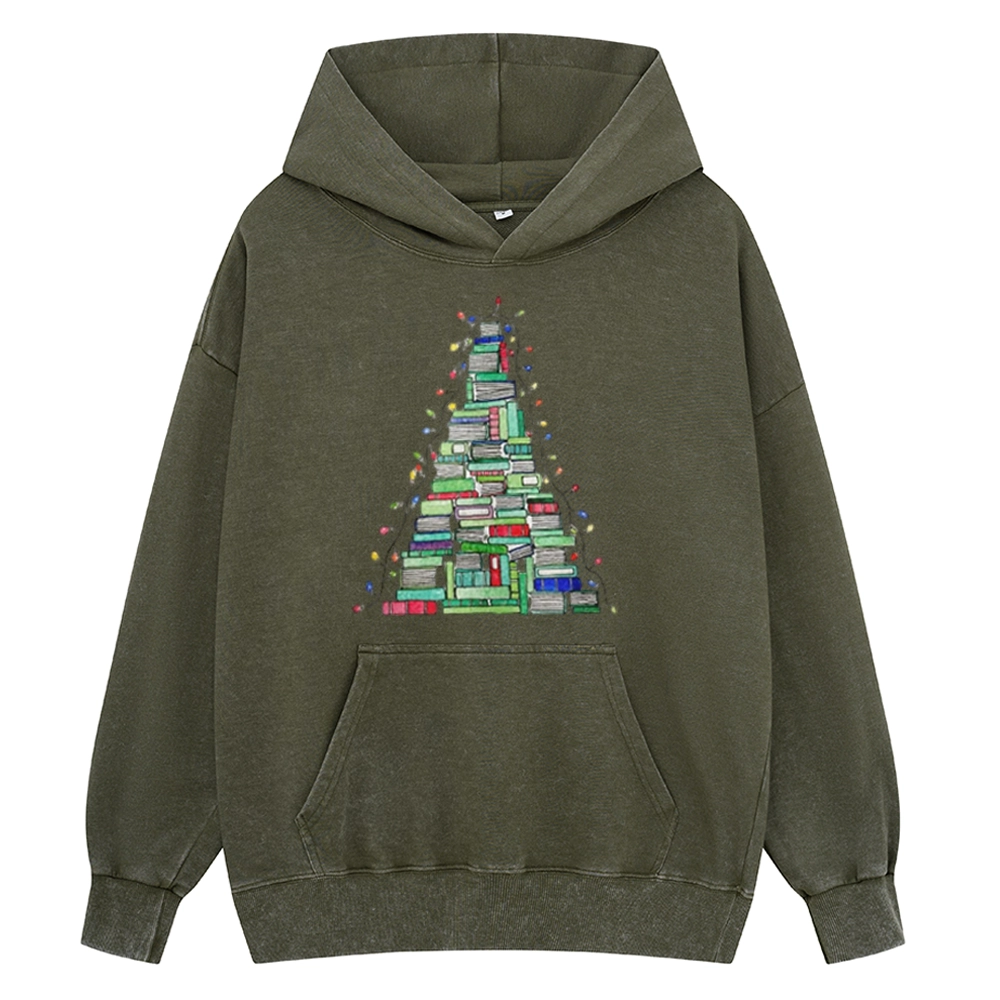Pagewings Christmas Book Tree Unisex Washed Hoodie