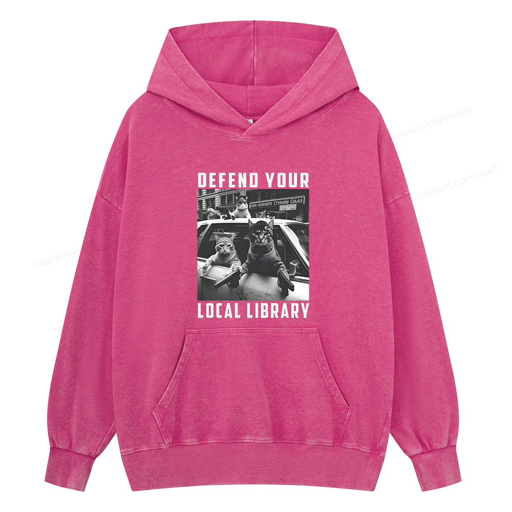 Pagewings Defend Your Local Library Unisex Washed Hoodie