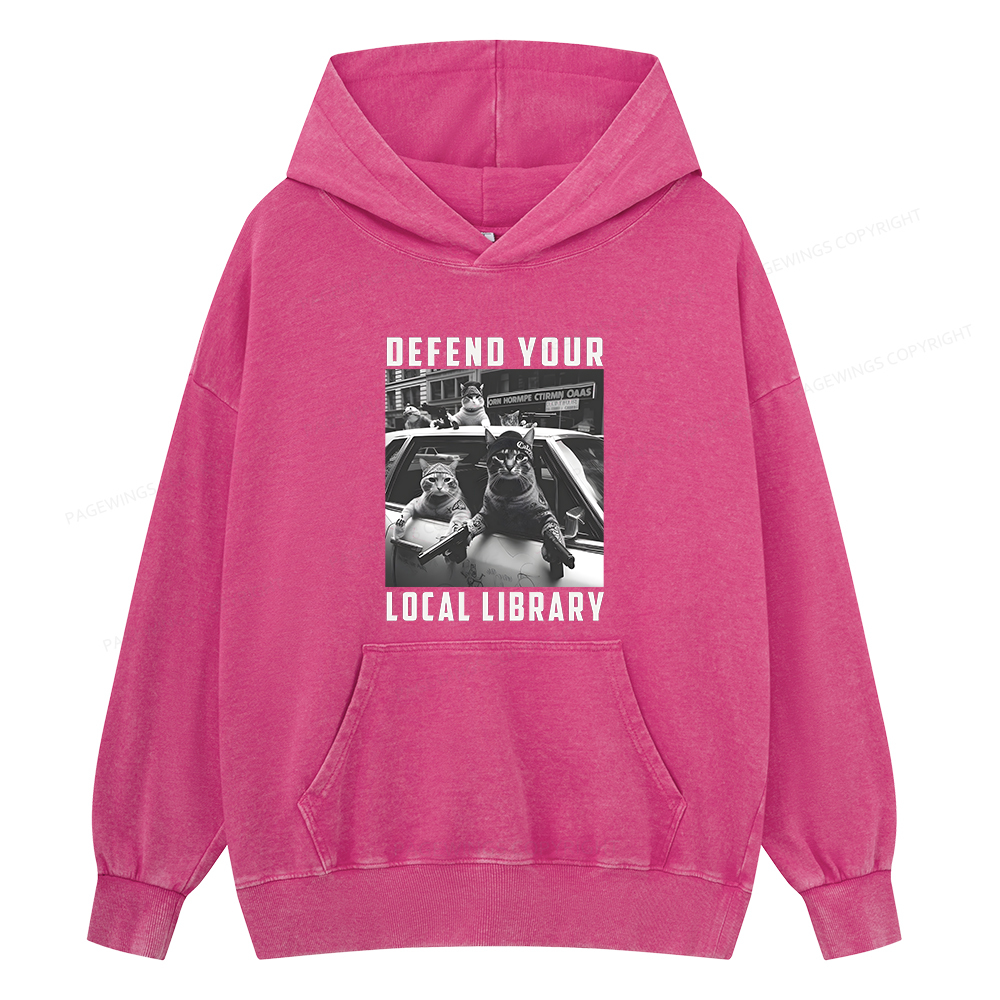 Pagewings Defend Your Local Library Unisex Washed Hoodie