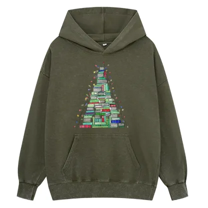 Pagewings Christmas Book Tree Unisex Washed Hoodie