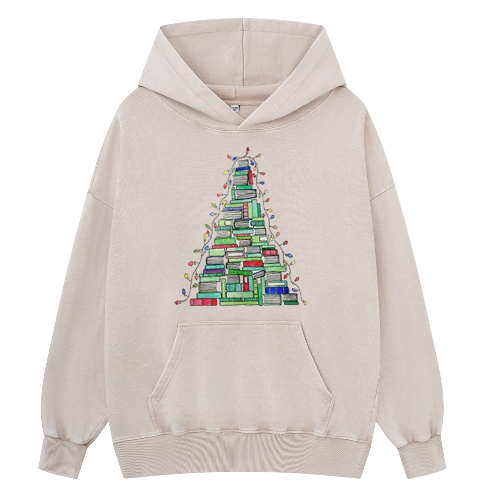 Pagewings Christmas Book Tree Unisex Washed Hoodie