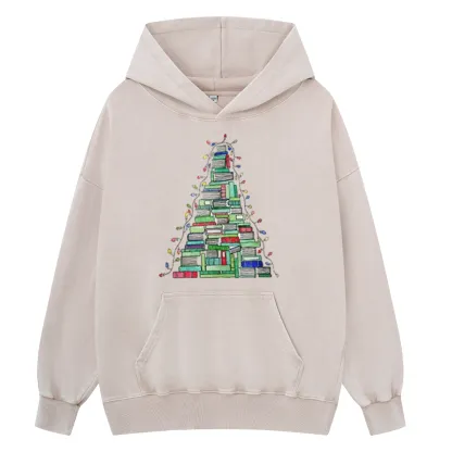 Pagewings Christmas Book Tree Unisex Washed Hoodie
