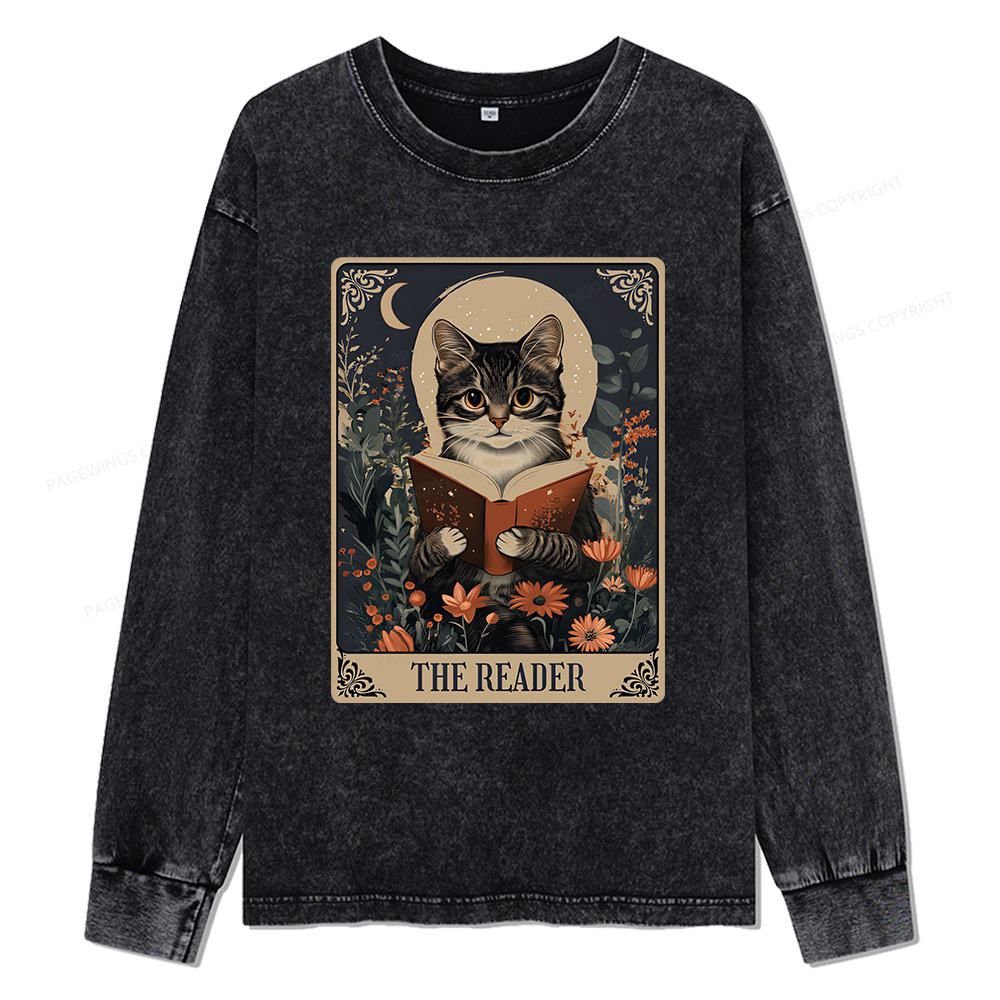 Pagewings The Reader Tarot Card Cat Unisex Washed Long Sleeve T-shirt
