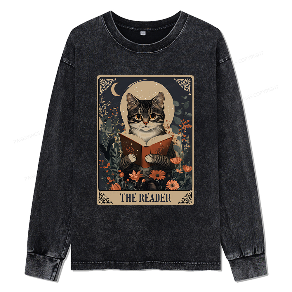 Pagewings The Reader Tarot Card Cat Unisex Washed Long Sleeve T-shirt