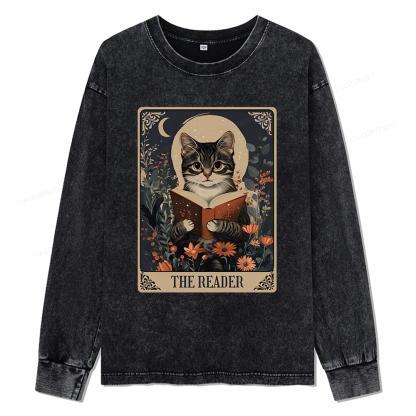 Pagewings The Reader Tarot Card Cat Unisex Washed Long Sleeve T-shirt