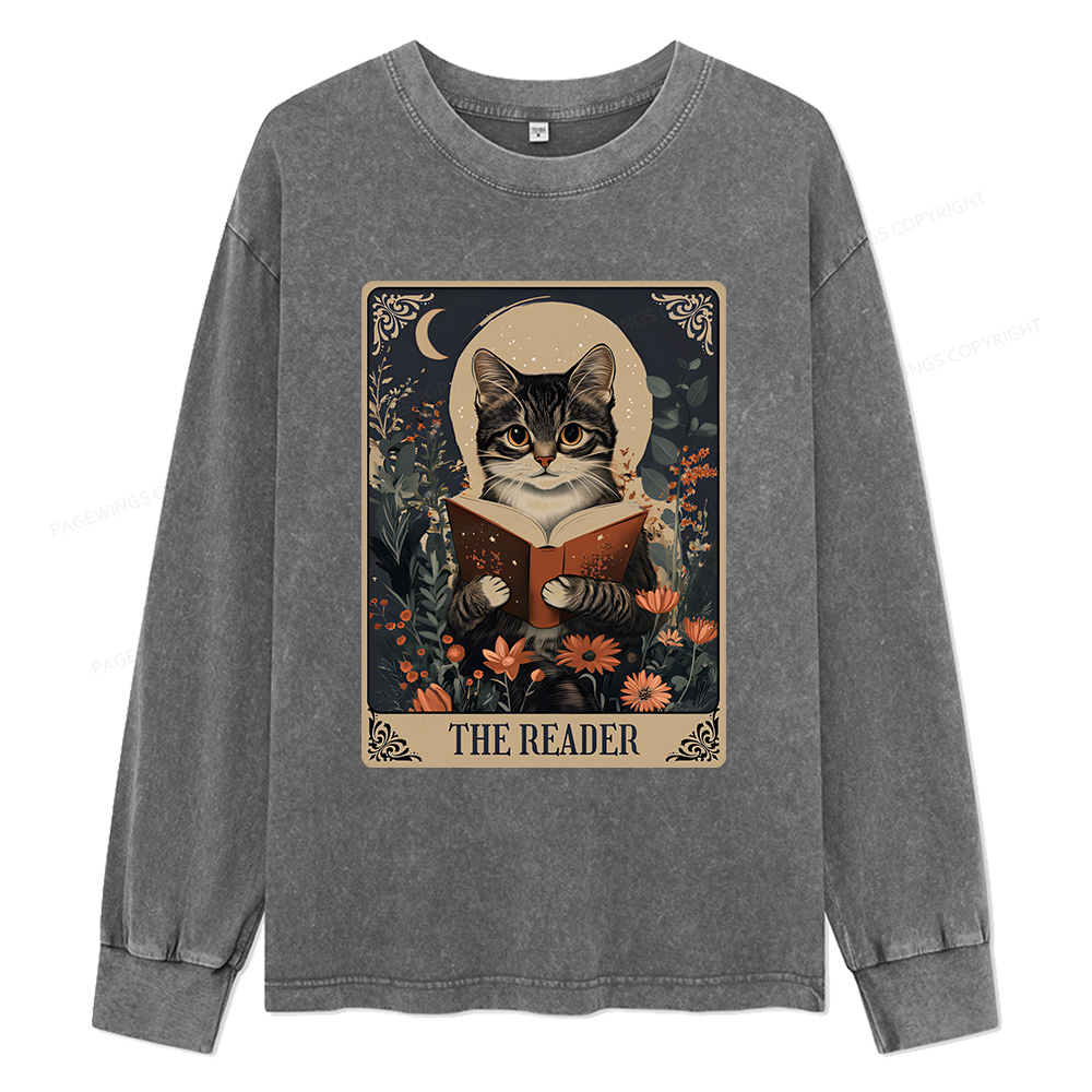 Pagewings The Reader Tarot Card Cat Unisex Washed Long Sleeve T-shirt