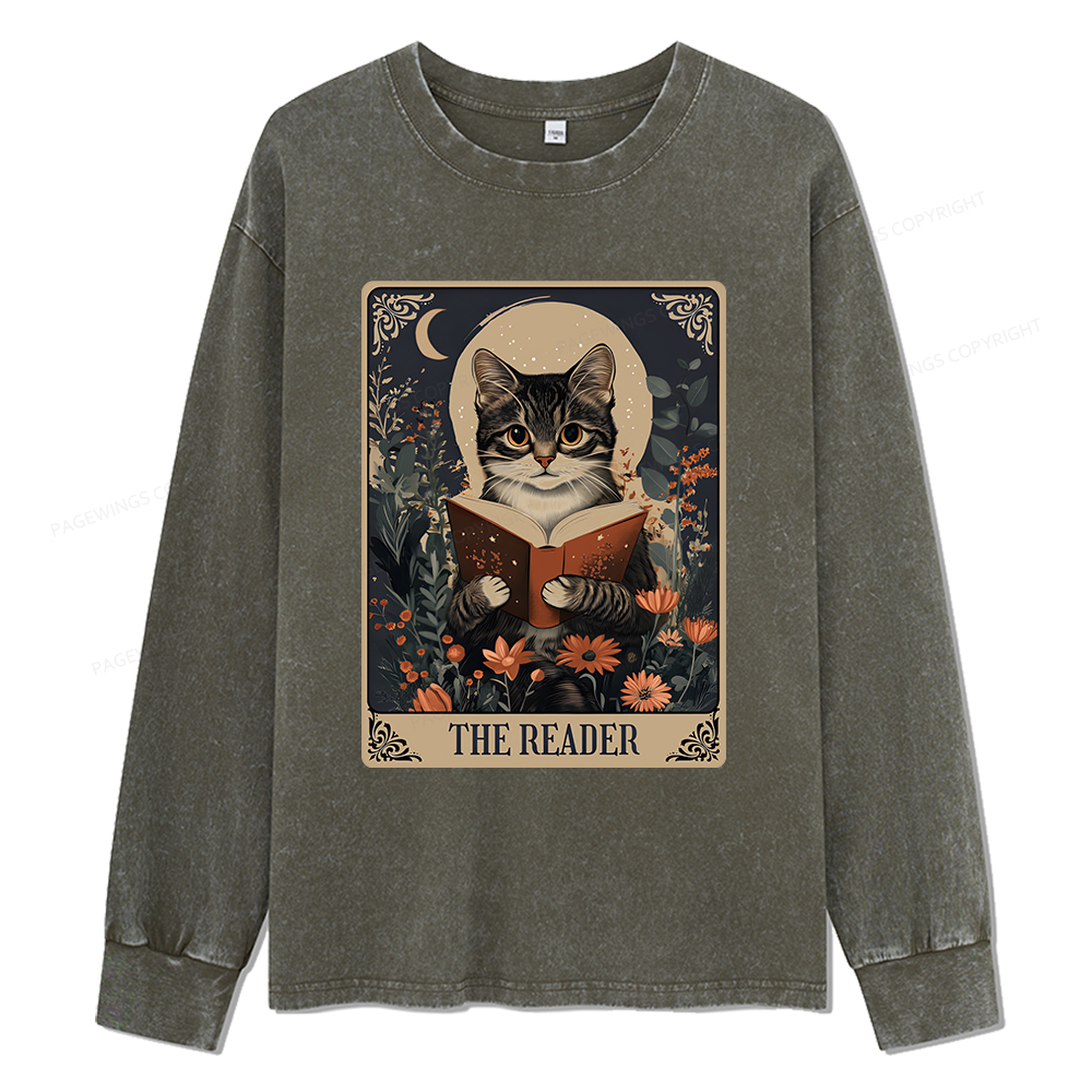 Pagewings The Reader Tarot Card Cat Unisex Washed Long Sleeve T-shirt