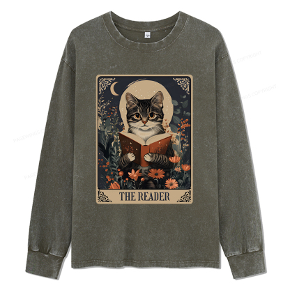 Pagewings The Reader Tarot Card Cat Unisex Washed Long Sleeve T-shirt