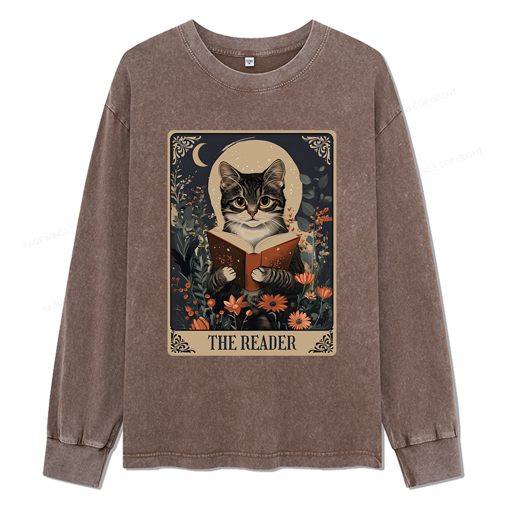 Pagewings The Reader Tarot Card Cat Unisex Washed Long Sleeve T-shirt