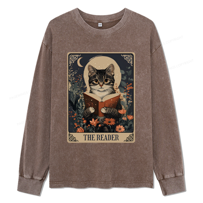 Pagewings The Reader Tarot Card Cat Unisex Washed Long Sleeve T-shirt