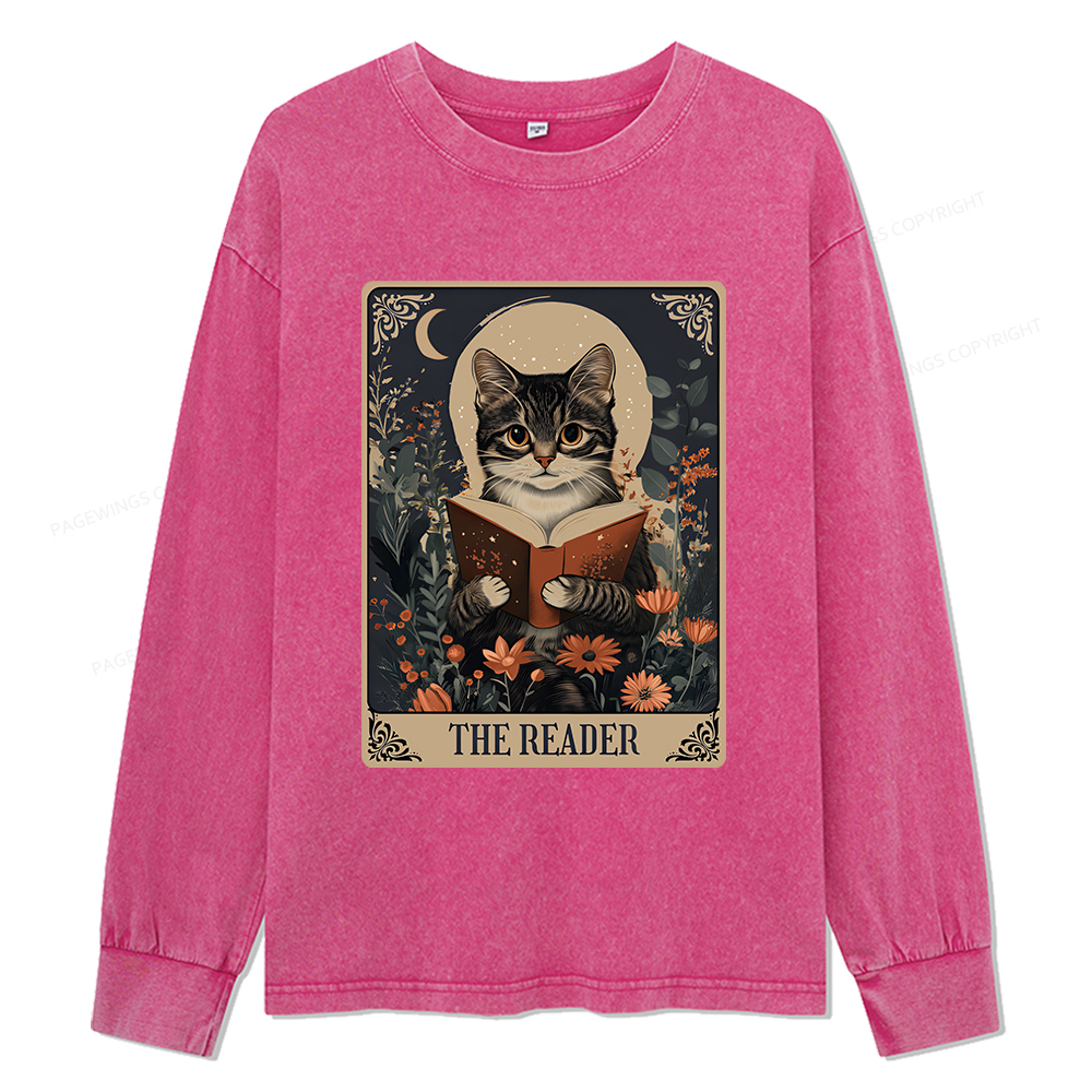 Pagewings The Reader Tarot Card Cat Unisex Washed Long Sleeve T-shirt