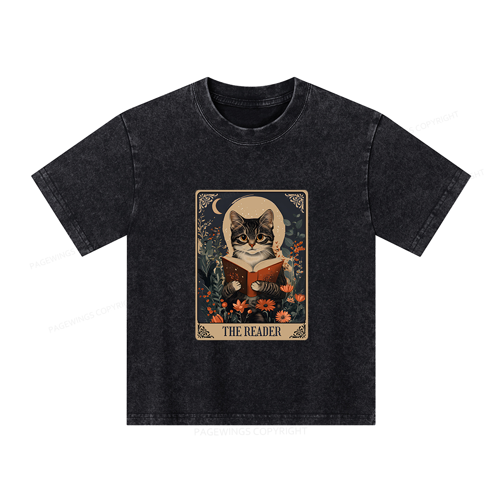 Pagewings The Reader Tarot Card Cat Unisex Kids Washed T-shirt