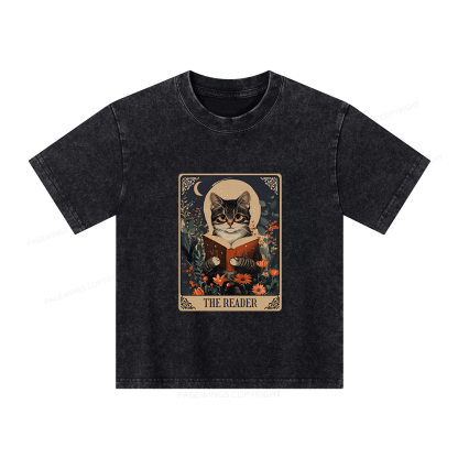 Pagewings The Reader Tarot Card Cat Unisex Kids Washed T-shirt