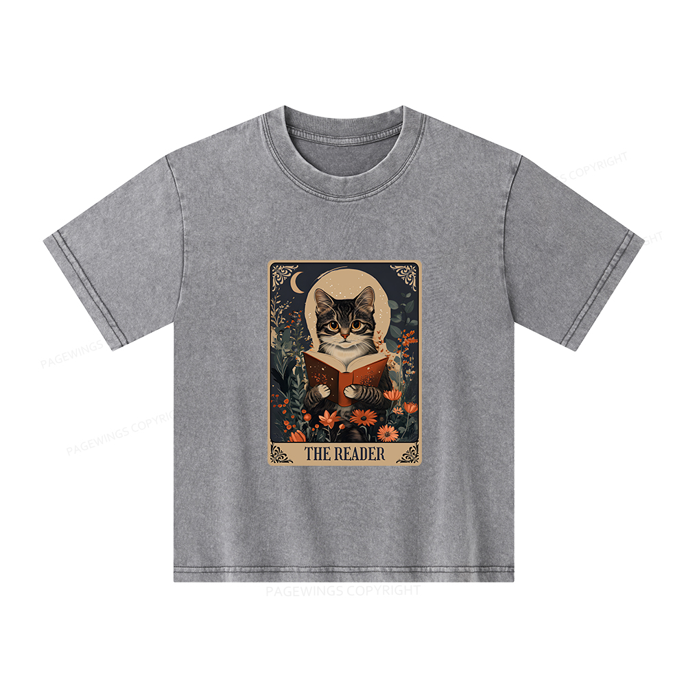 Pagewings The Reader Tarot Card Cat Unisex Kids Washed T-shirt