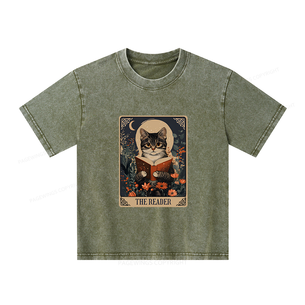 Pagewings The Reader Tarot Card Cat Unisex Kids Washed T-shirt