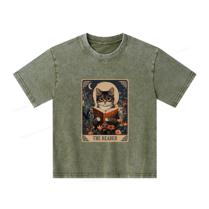 Pagewings The Reader Tarot Card Cat Unisex Kids Washed T-shirt