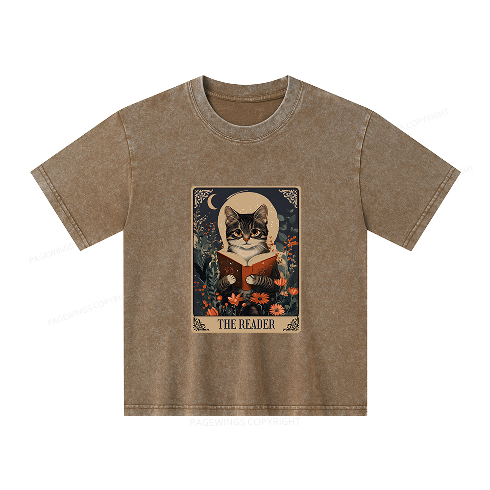 Pagewings The Reader Tarot Card Cat Unisex Kids Washed T-shirt