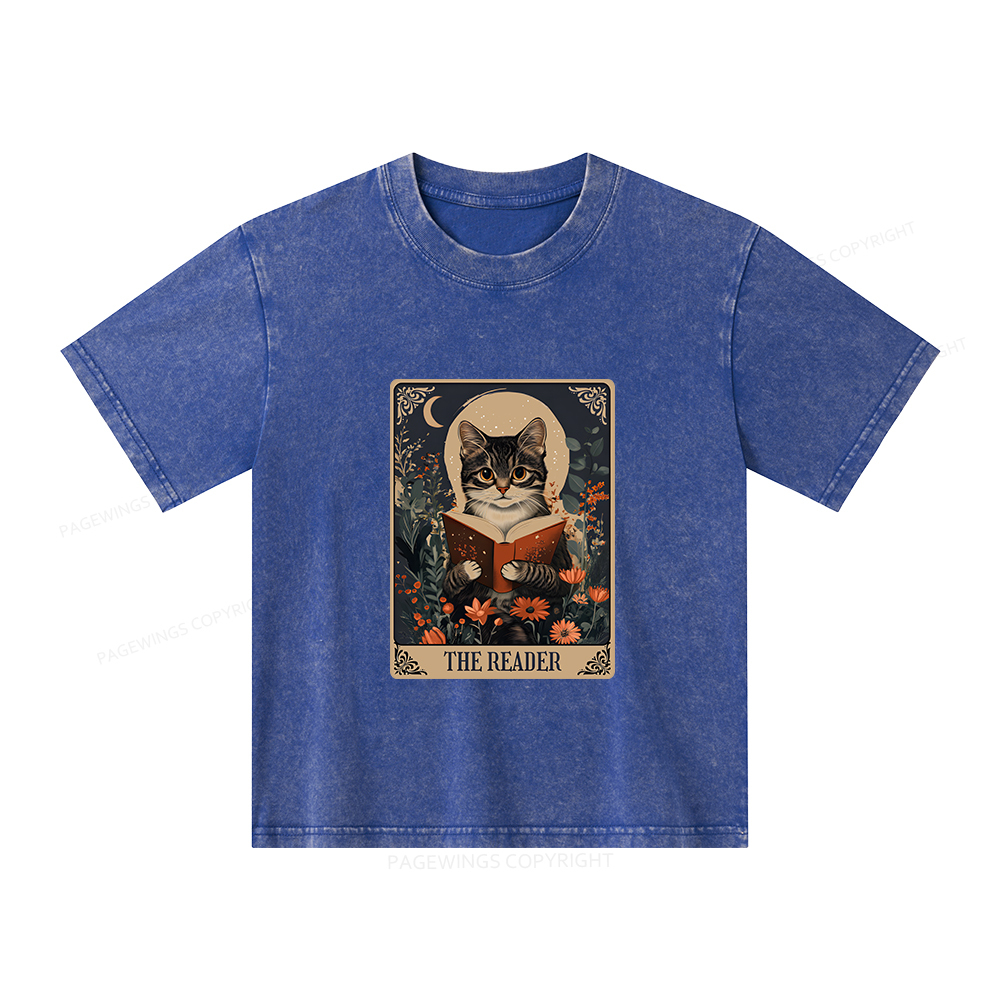 Pagewings The Reader Tarot Card Cat Unisex Kids Washed T-shirt