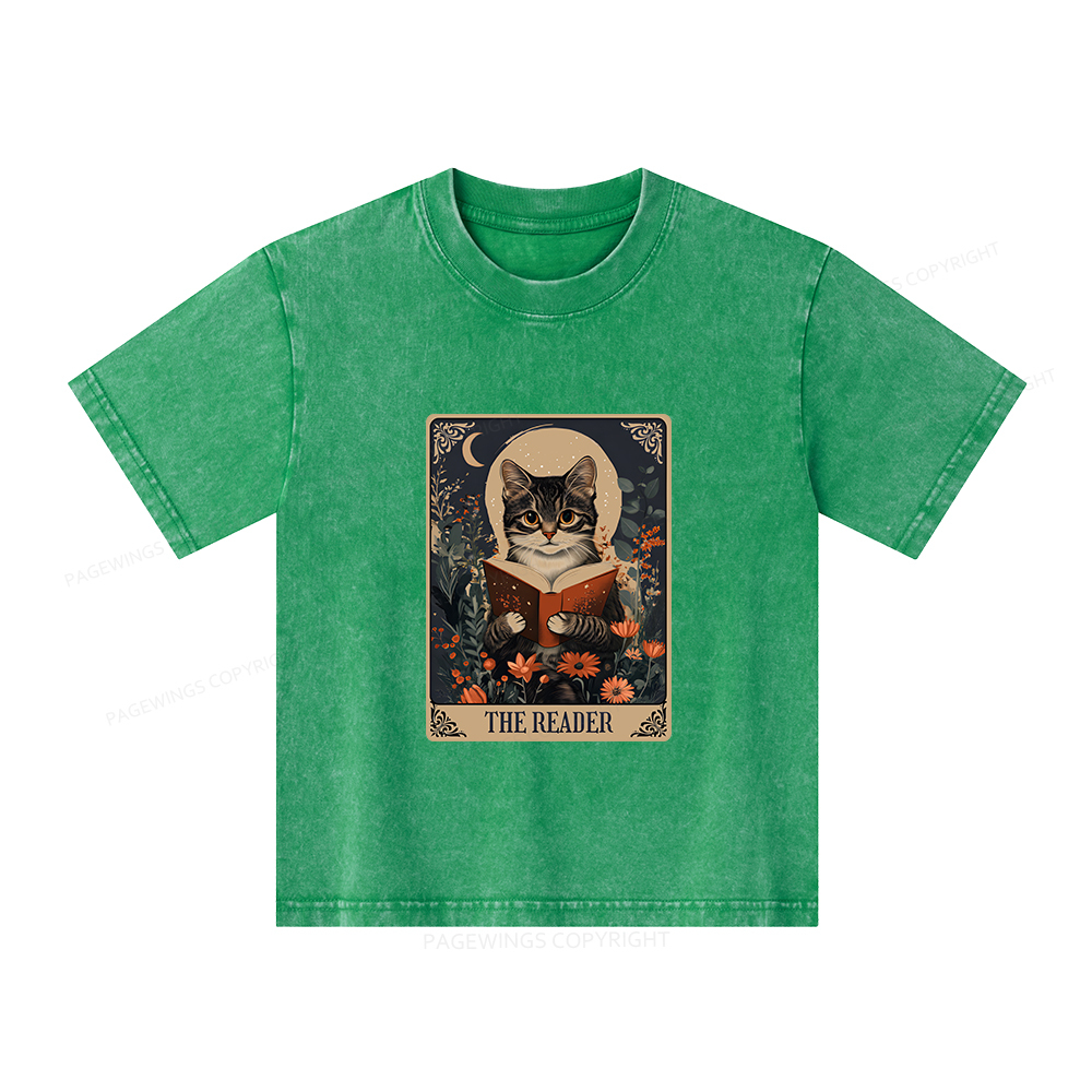 Pagewings The Reader Tarot Card Cat Unisex Kids Washed T-shirt