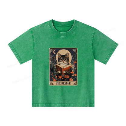 Pagewings The Reader Tarot Card Cat Unisex Kids Washed T-shirt