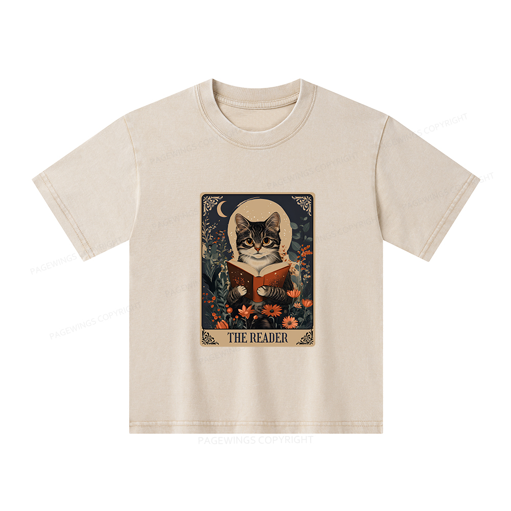 Pagewings The Reader Tarot Card Cat Unisex Kids Washed T-shirt