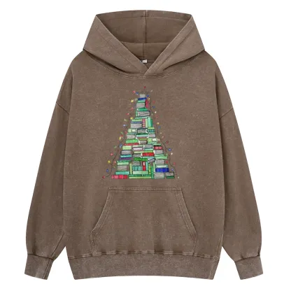 Pagewings Christmas Book Tree Unisex Washed Hoodie
