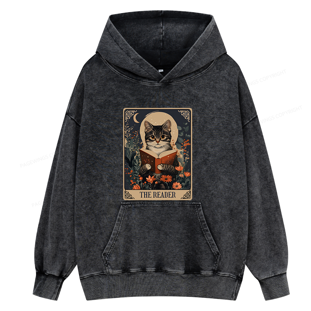Pagewings The Reader Tarot Card Cat Unisex Washed Hoodie