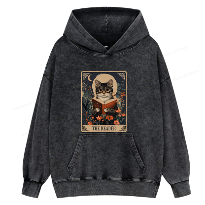 Pagewings The Reader Tarot Card Cat Unisex Washed Hoodie